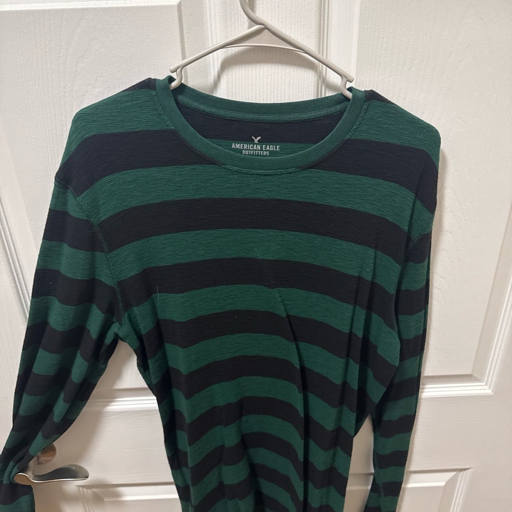 American Eagle Outfitters Green and Black Striped Crewneck Sweater